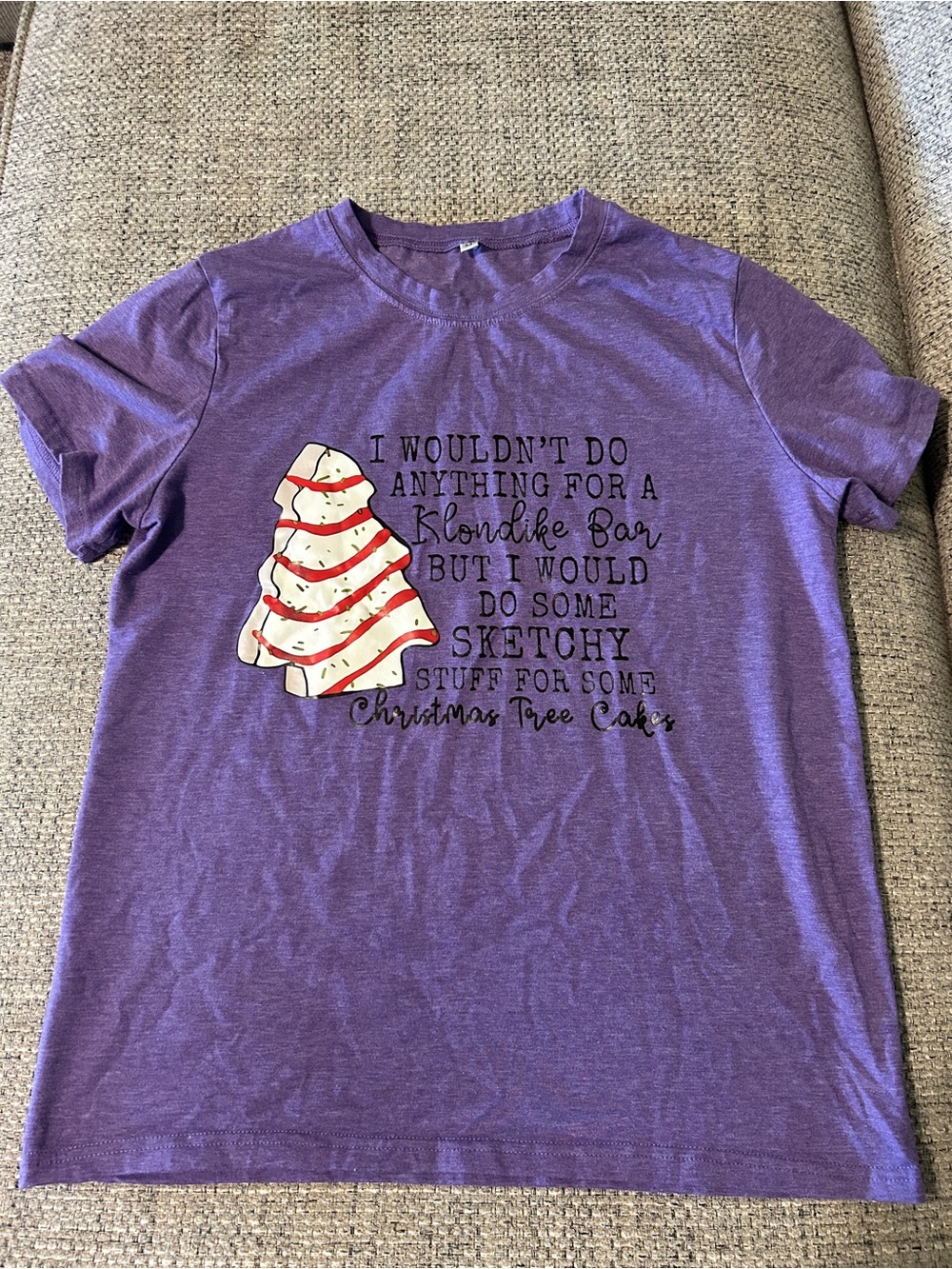 Purple Graphic Tee with Christmas Tree Cake Design